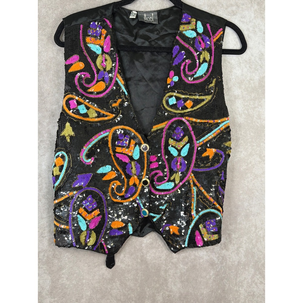 VTG 90s MODI Sequin Paisley Vest Womens L Black Multicolor Beaded Cinch Back